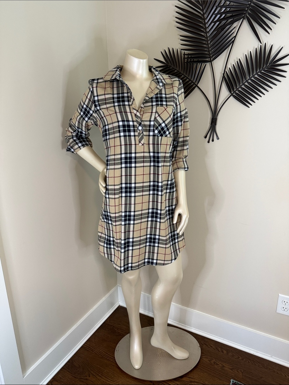 Lauren James Beige Plaid Collared Shirt Dress